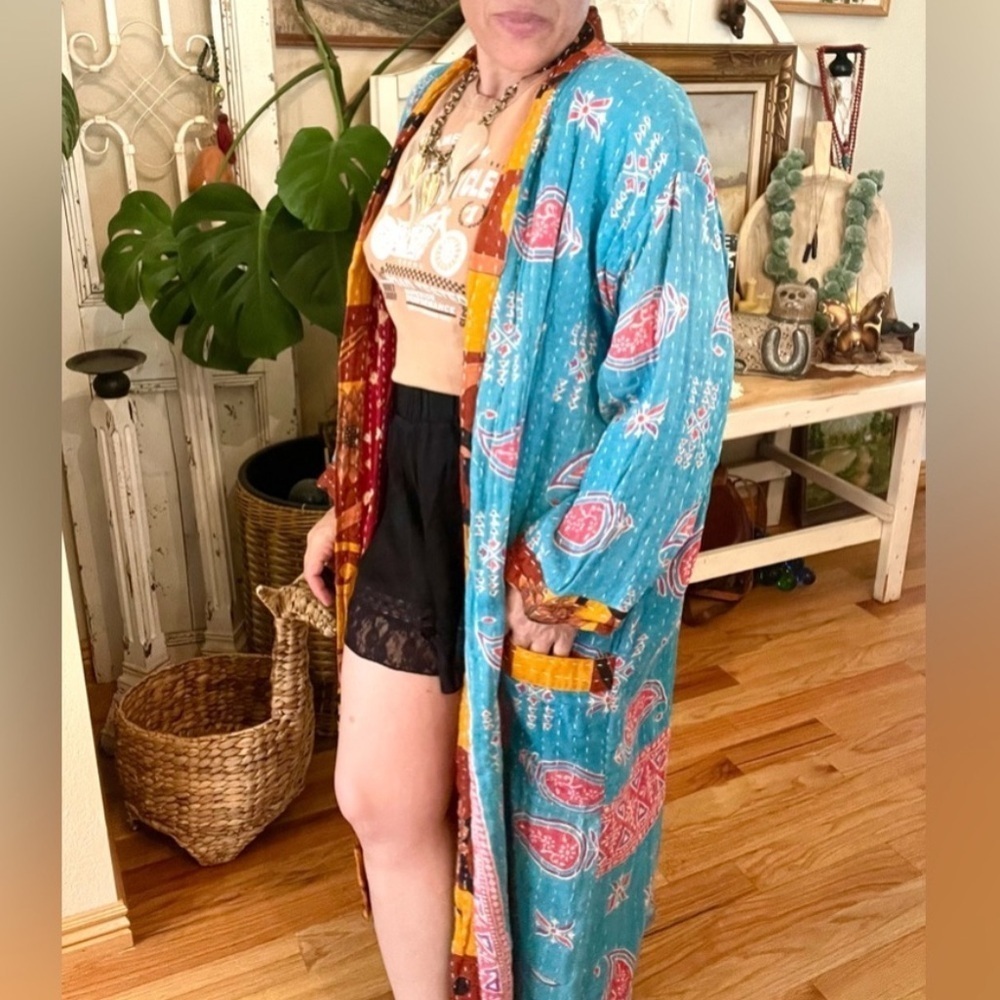 Handmade India Kantha Stitch Cotton Floral Contrast Tie Pockets Duster Cardigan - Picture 13 of 17